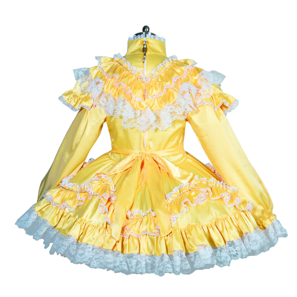 Yellow sissy maid dress with lace ruffles and satin finish, featuring a lockable back zipper and elegant silhouette.