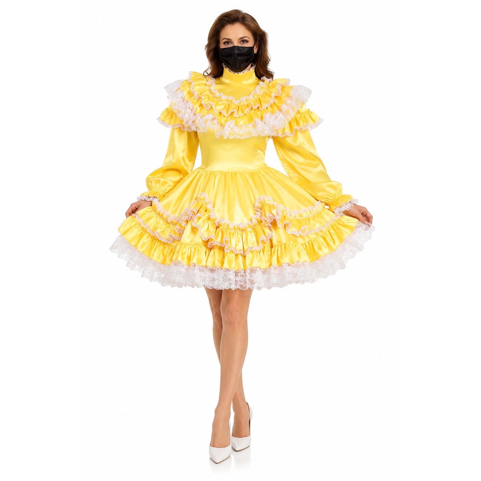 Yellow sissy maid dress with white lace ruffles, long sleeves, and satin finish for costume fashion