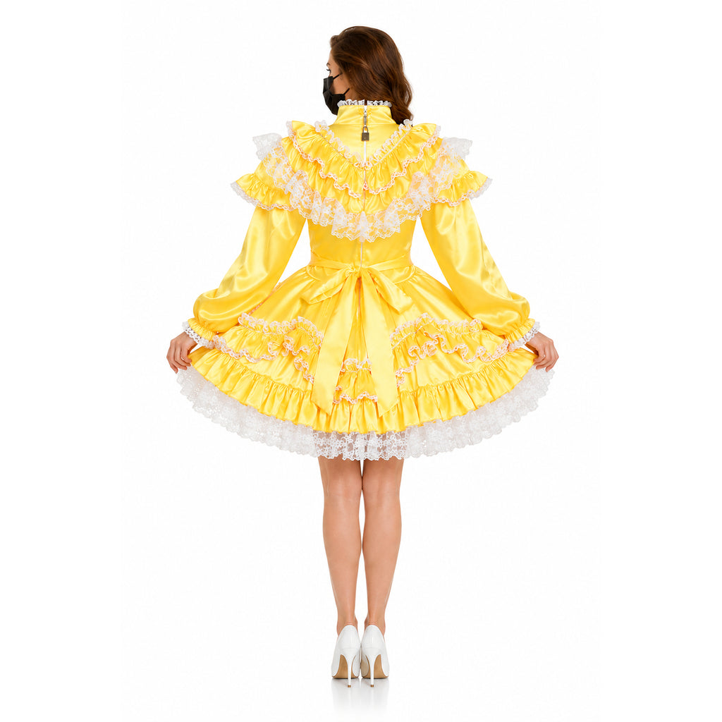Yellow sissy maid dress with lace ruffles, bow, and lockable back, worn with white heels