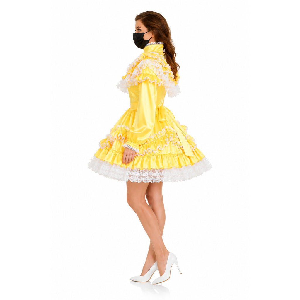 Yellow sissy maid dress with white lace ruffles, satin finish, and high heels