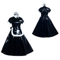 Black PVC sissy maid dress with white apron, collar, and cuffs, featuring elegant silhouette and lockable design.