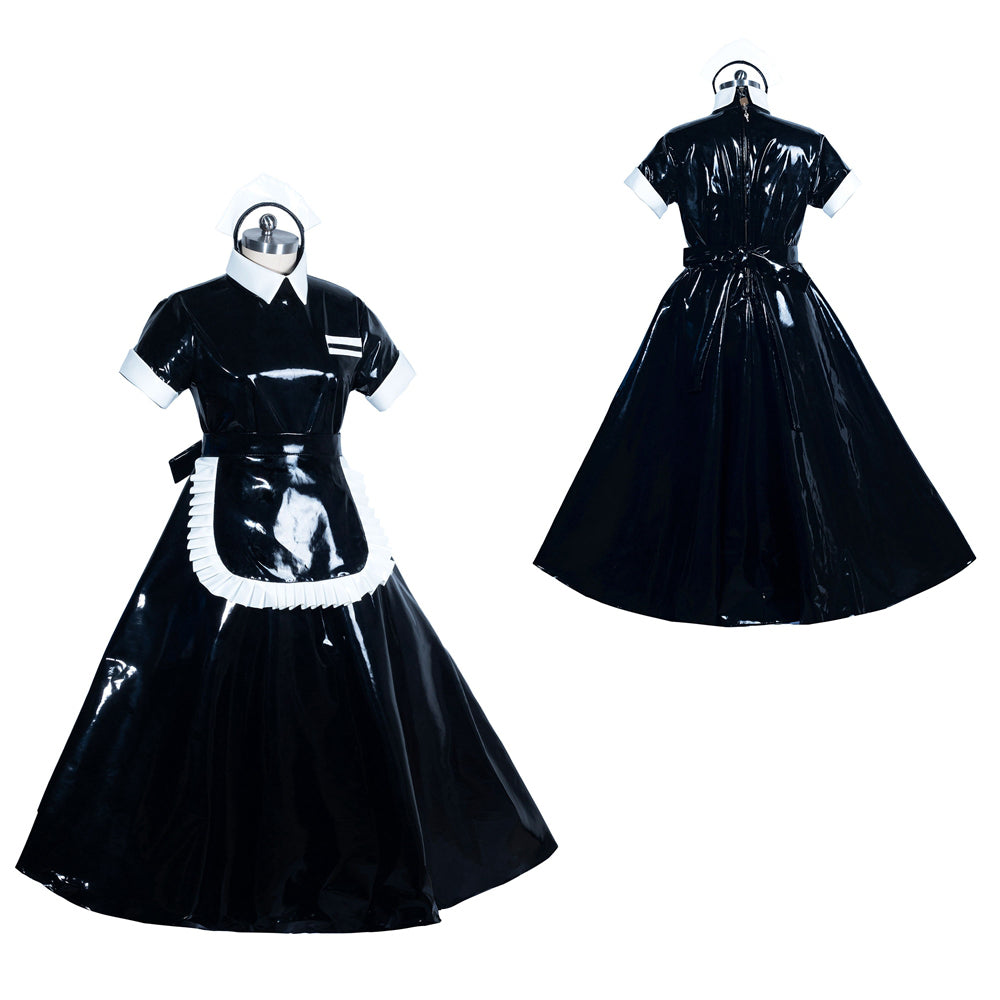 Black PVC sissy maid dress with white apron, collar, and cuffs, featuring elegant silhouette and lockable design.