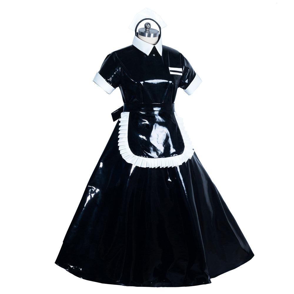 Black PVC sissy maid dress with white collar, cuffs, and frilled apron, displayed on mannequin