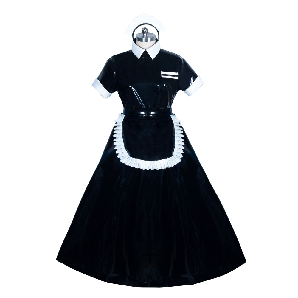 Black PVC sissy maid dress with white ruffled apron and collar, displayed on mannequin