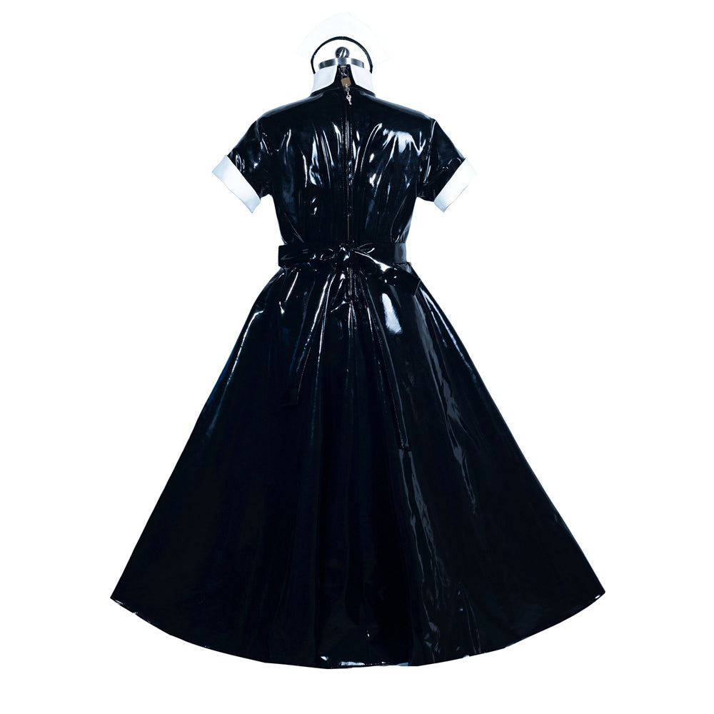 Black PVC sissy maid dress with white cuffs and tie waist, back view on mannequin