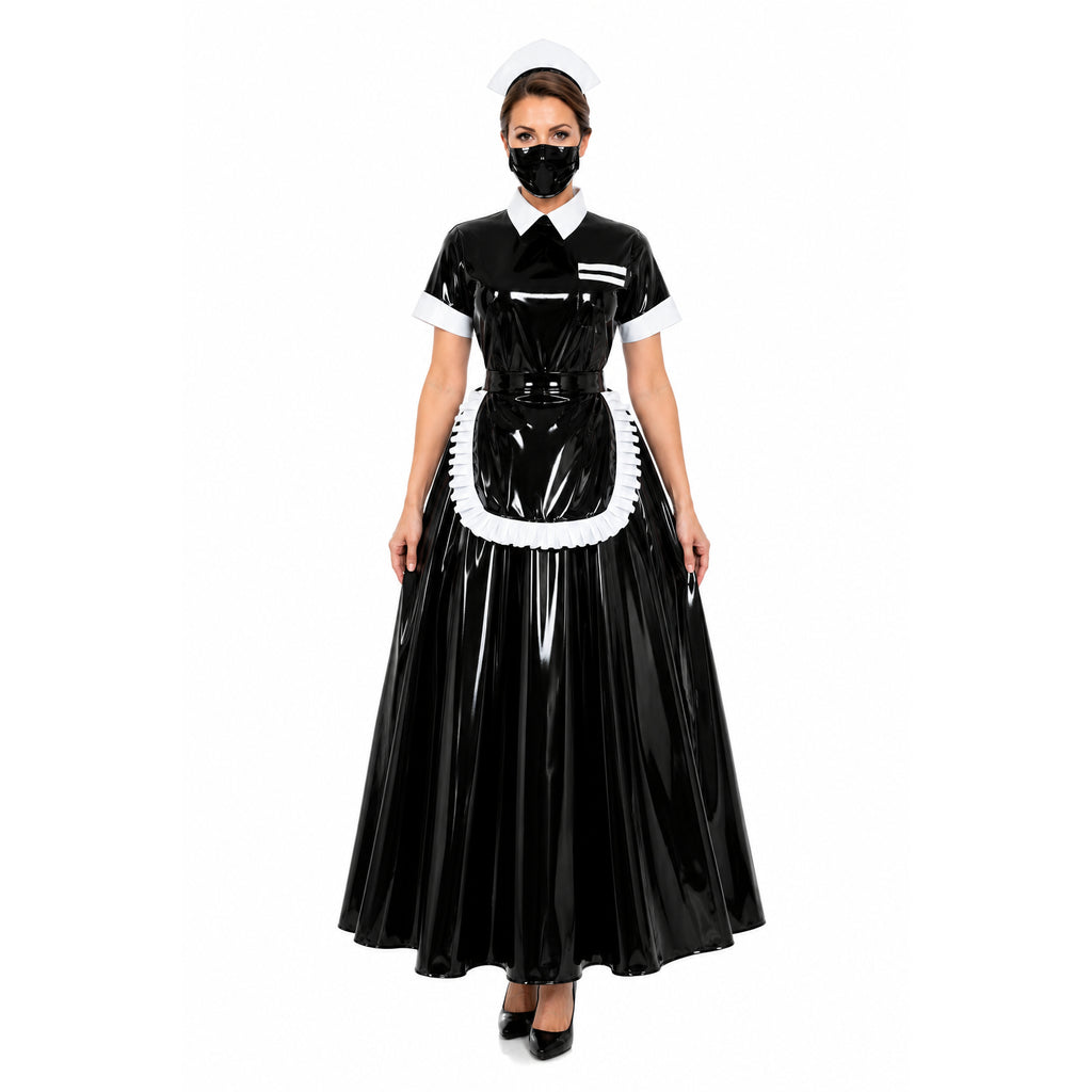 Black PVC sissy maid dress with white apron, collar, and cap, featuring glossy finish and elegant silhouette.