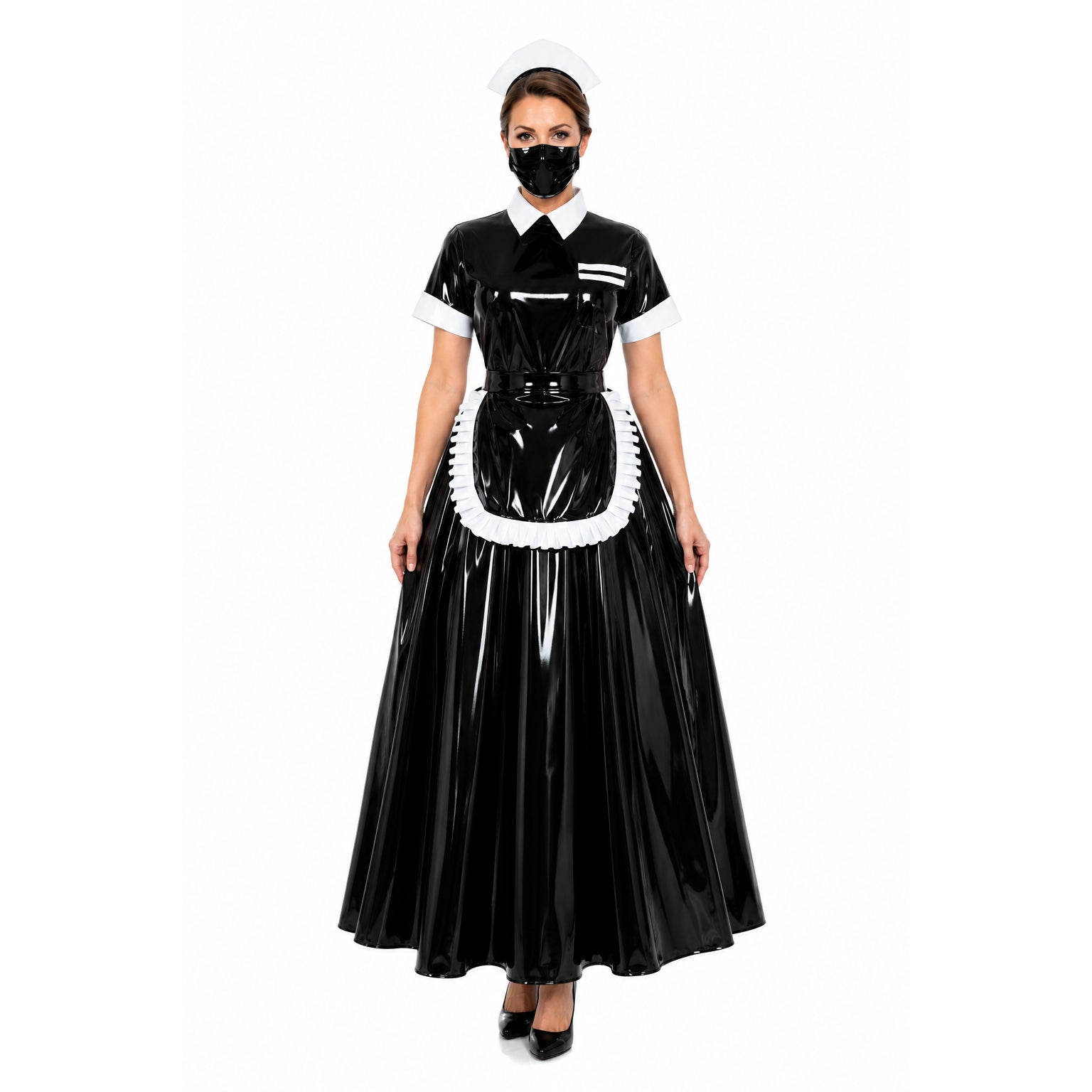 Black PVC sissy maid dress with white apron, collar, and cap, featuring glossy finish and elegant silhouette.