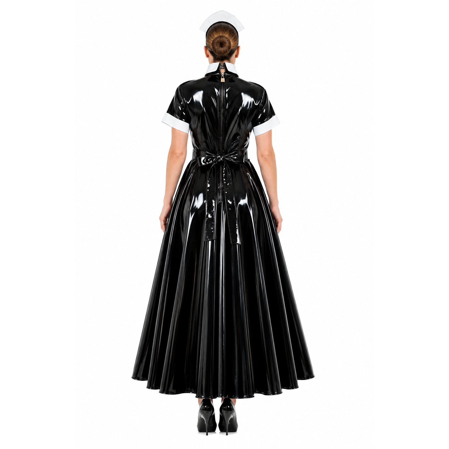 Black PVC sissy maid dress with white collar, back zipper, and bow waist, shown from behind