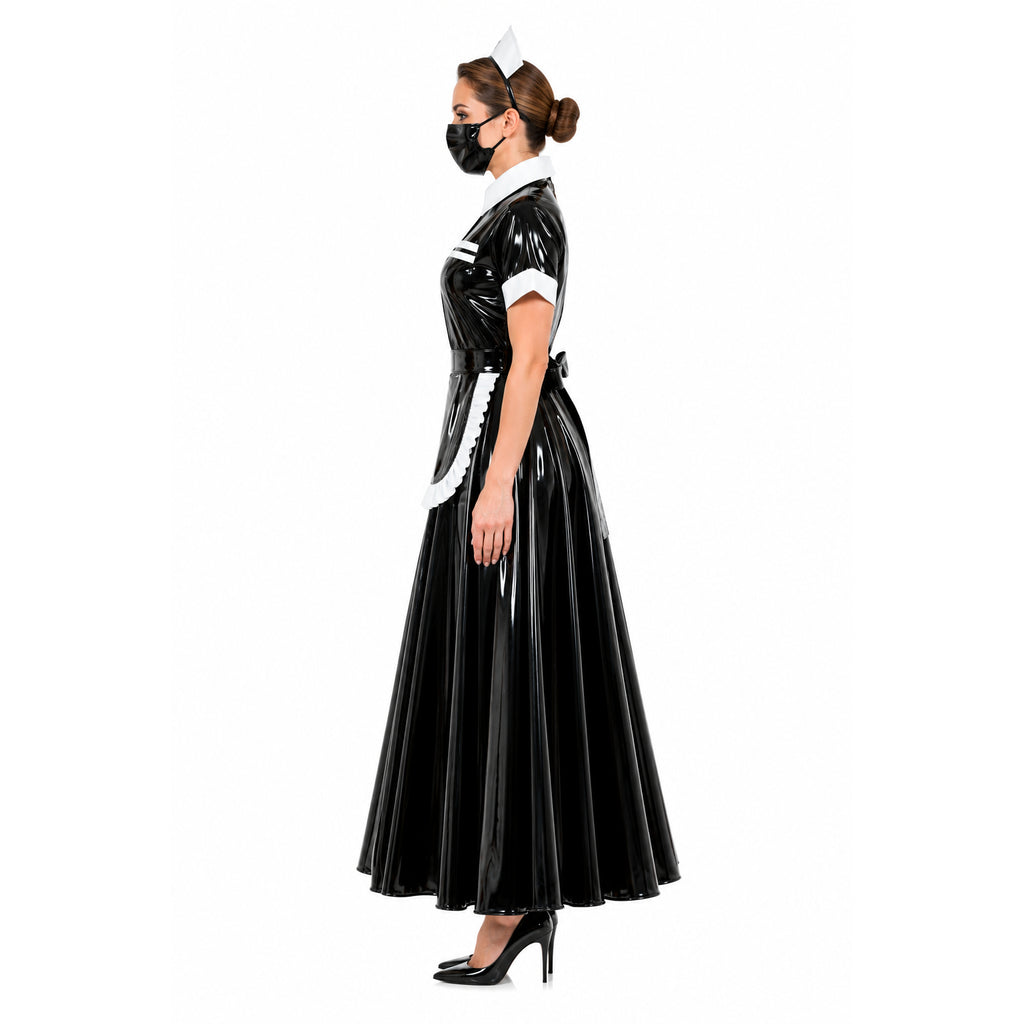 Black PVC sissy maid dress with white trim, apron, and hat, styled with heels and mask