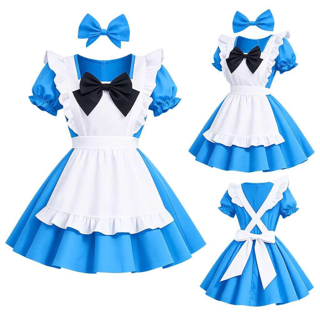 Blue and white sissy maid dress set with ruffles, bow, and apron, perfect for costume fashion