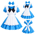 Blue and white sissy maid dress set with ruffles, bow, and apron, perfect for costume fashion