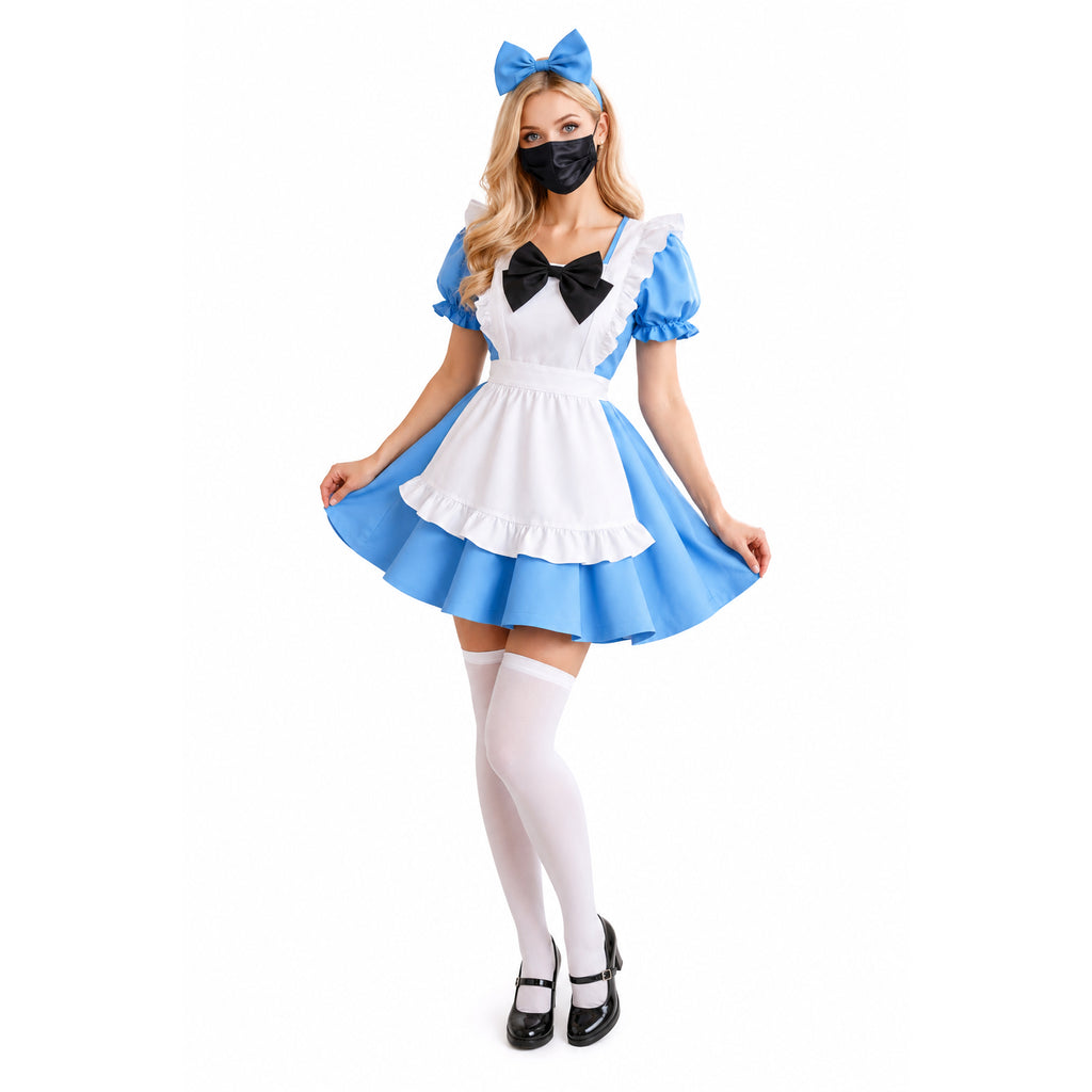 Blue and white sissy maid dress with ruffles, black bow, and matching headband