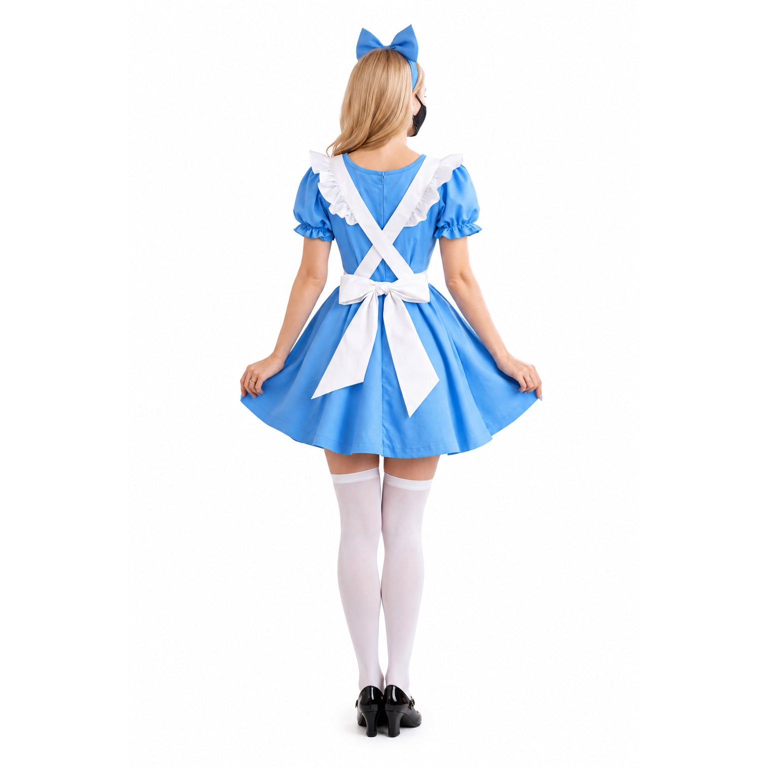 Blue sissy maid dress with white apron bow, ruffles, and matching headband, worn with white stockings and black heels