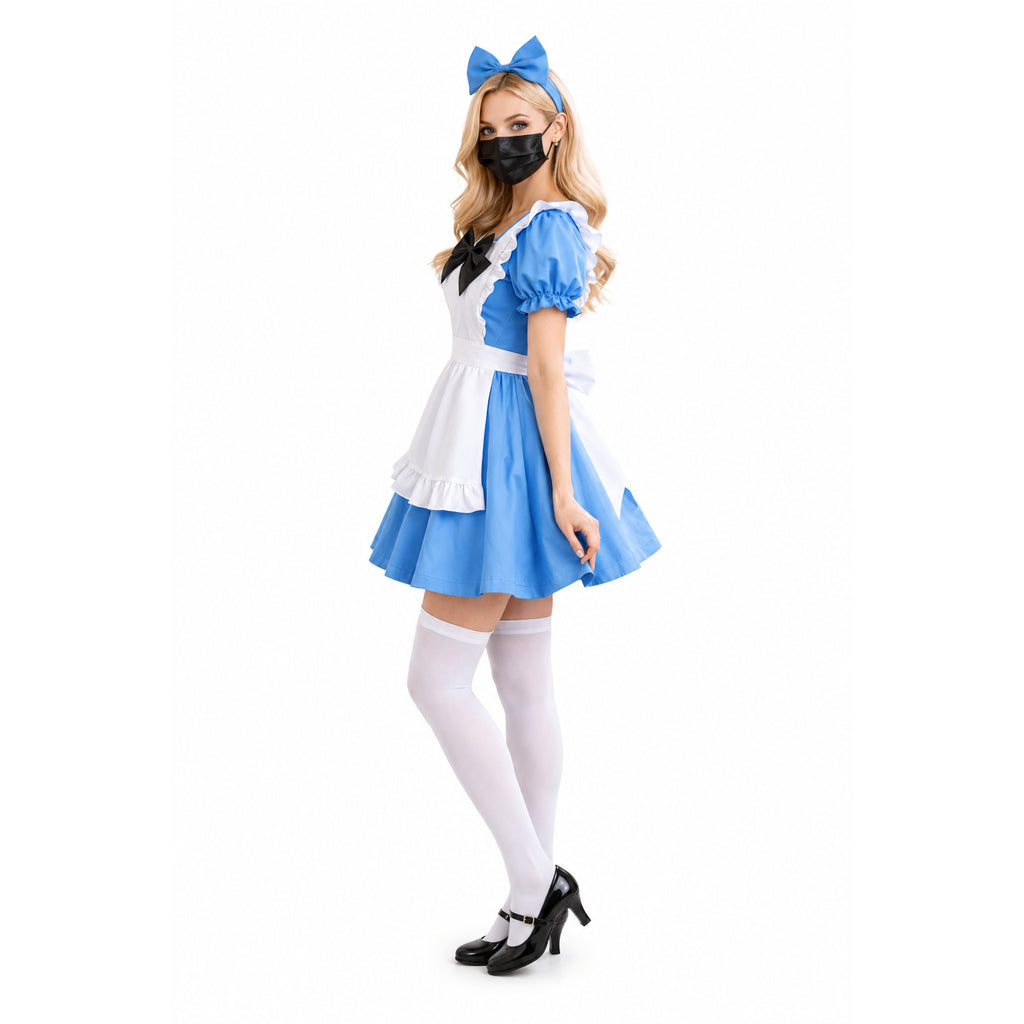 Blue and white sissy maid dress with ruffles, bow, and apron, paired with white stockings and black heels