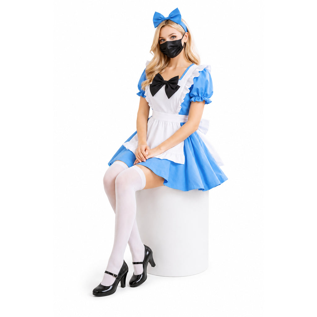 Blue and white sissy maid dress with black bow, white apron, and matching headband