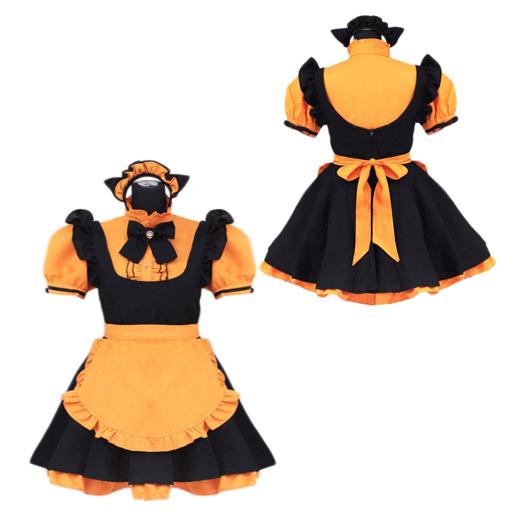 Black and orange sissy maid dress with ruffles, bow, and apron, shown front and back