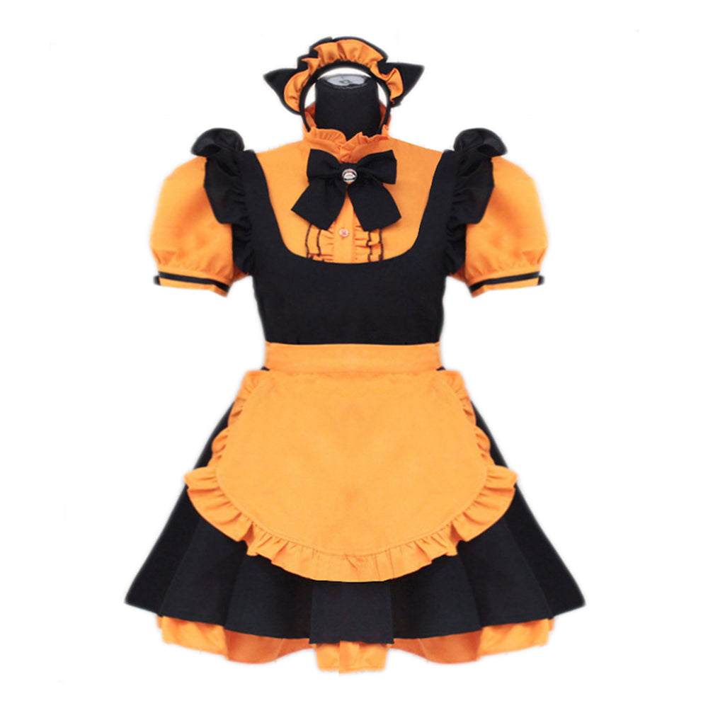 Orange and black sissy maid dress with ruffles, bow, and matching headpiece