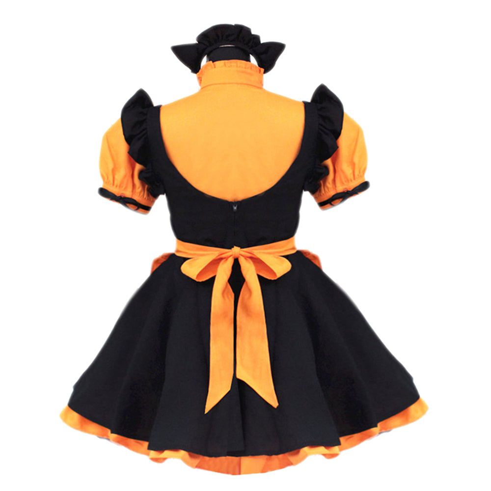 Black and orange sissy maid dress with ruffled sleeves, bow waist, and flared skirt