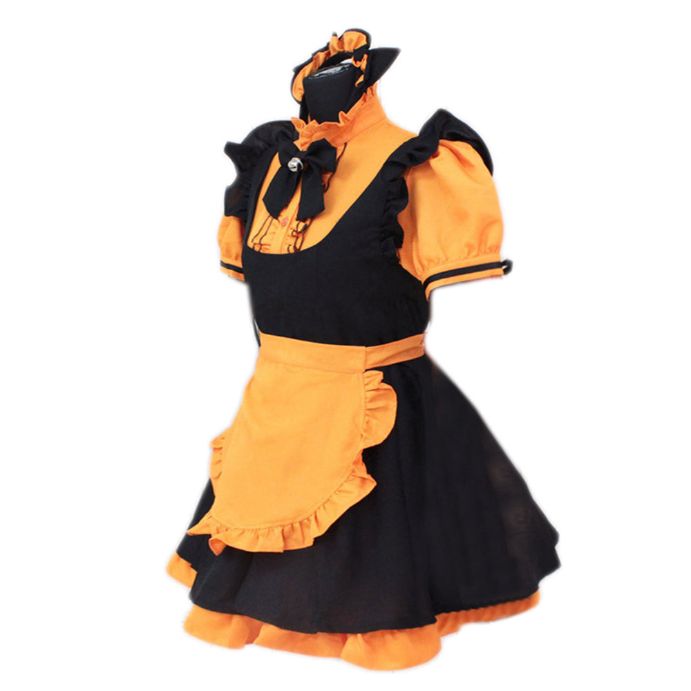 Black and orange sissy maid dress with ruffles, bow, and apron, displayed on mannequin