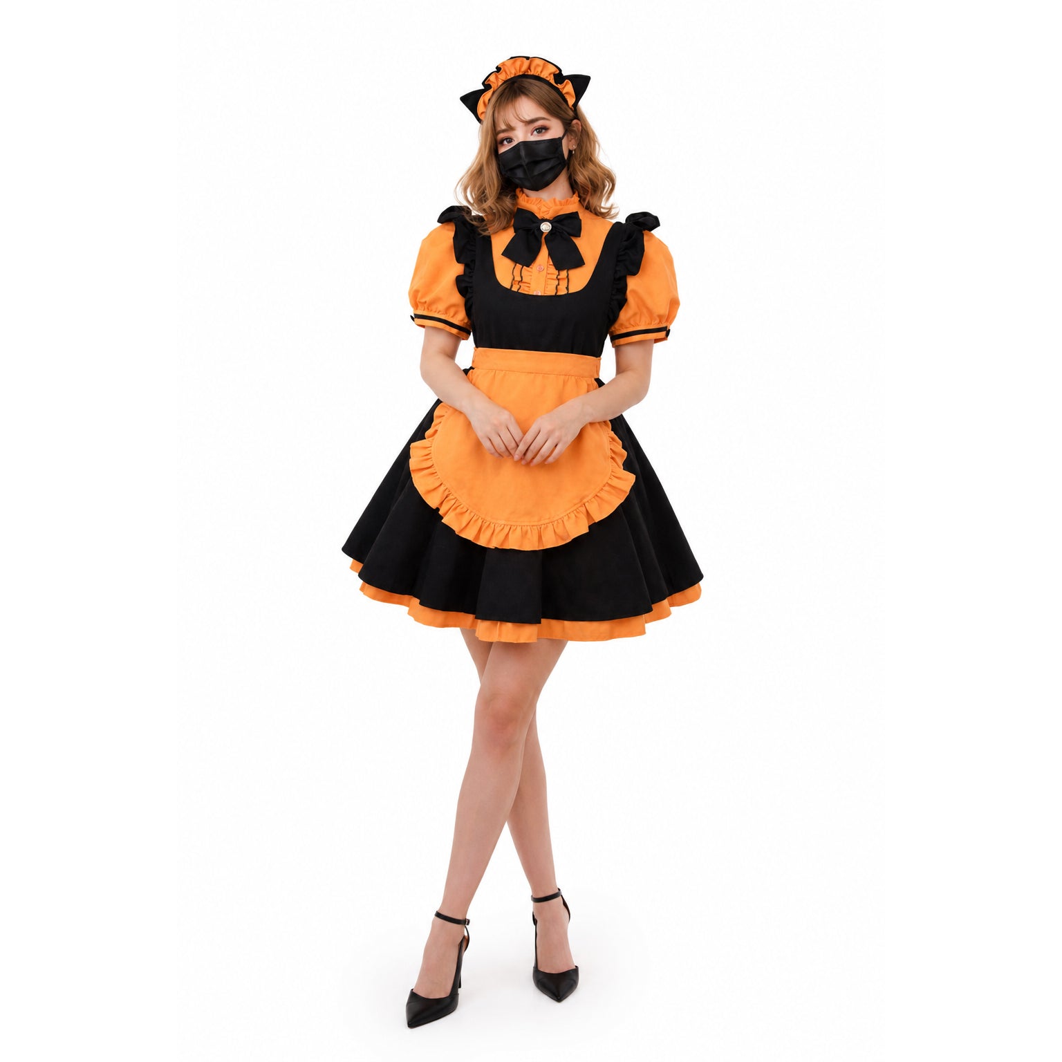 Orange and black sissy maid dress with ruffles, bow, and matching headband for costume fashion