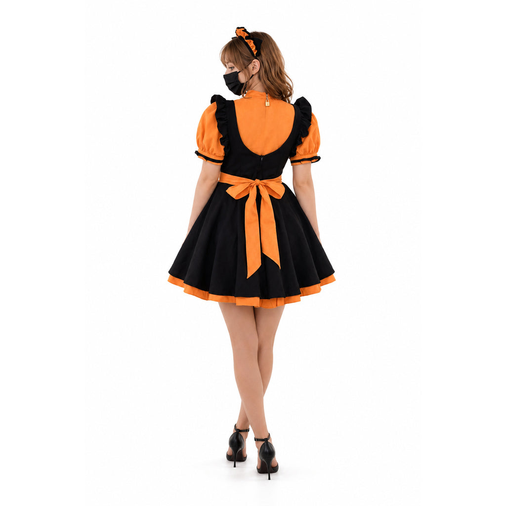 Black and orange sissy maid dress with bow, ruffles, and lock detail, shown from back