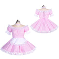 Pink sissy maid dress with white lace trim, off-shoulder sleeves, and apron detail on mannequin