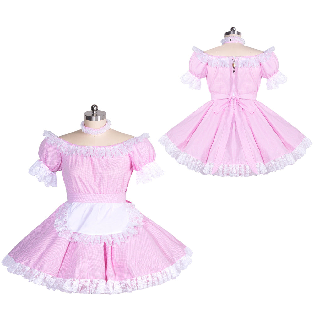 Pink sissy maid dress with white lace trim, off-shoulder sleeves, and apron detail on mannequin