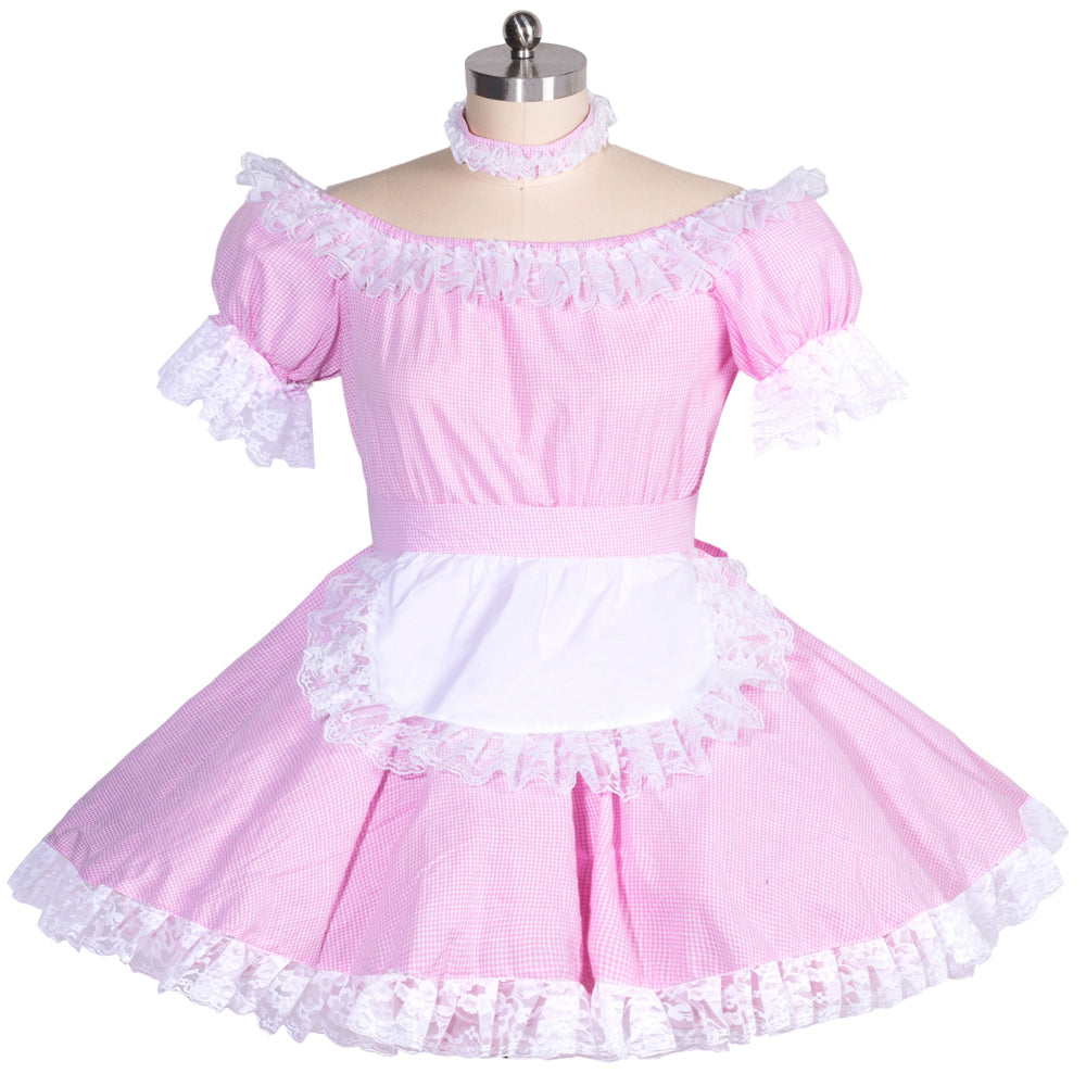 Pink sissy maid dress with white lace trim and apron, off-shoulder design on mannequin