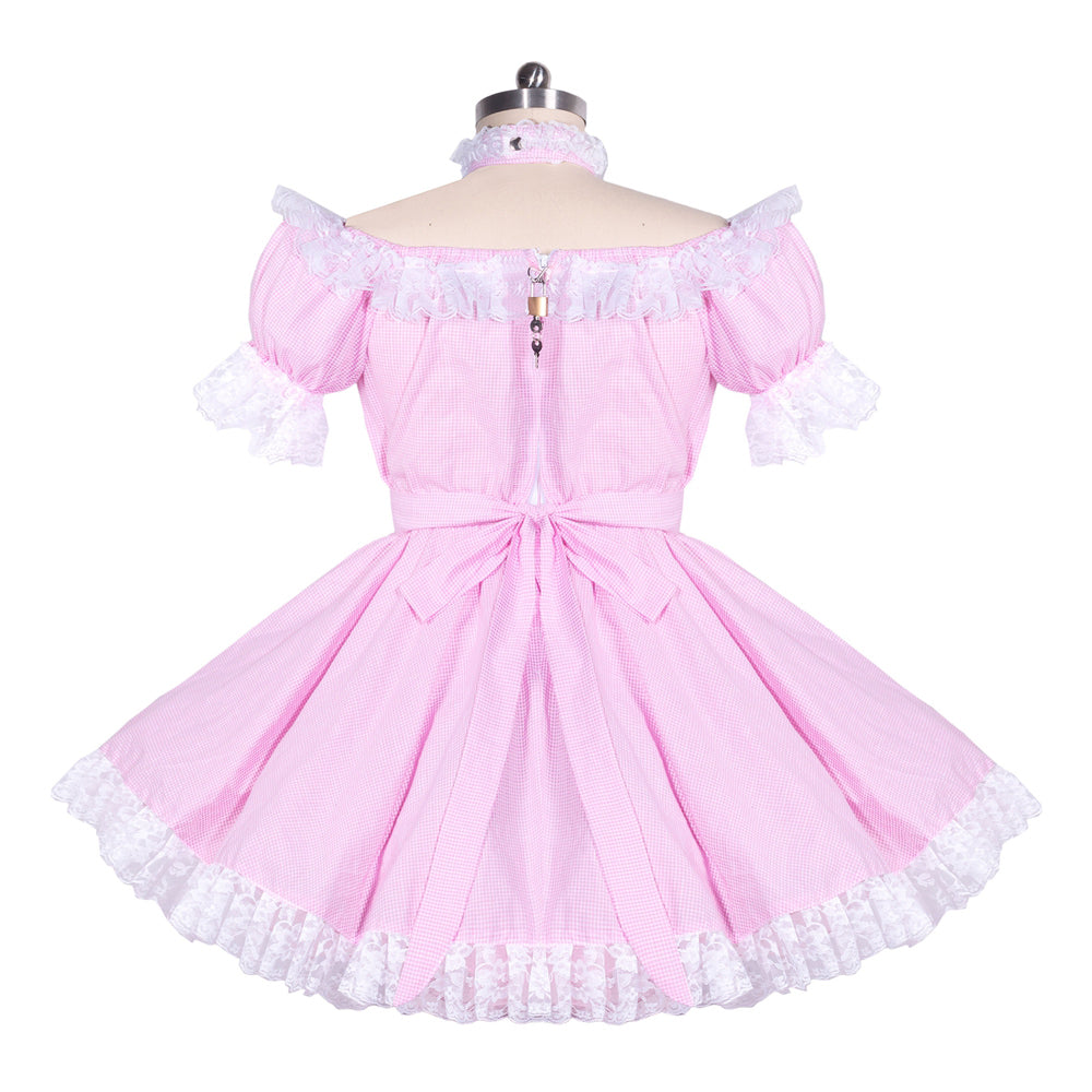 Pink sissy maid dress with lace trim, off-shoulder sleeves, and back lock detail
