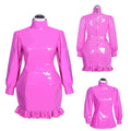 Pink PVC sissy maid dress with ruffled hem and high collar, shown front and back views