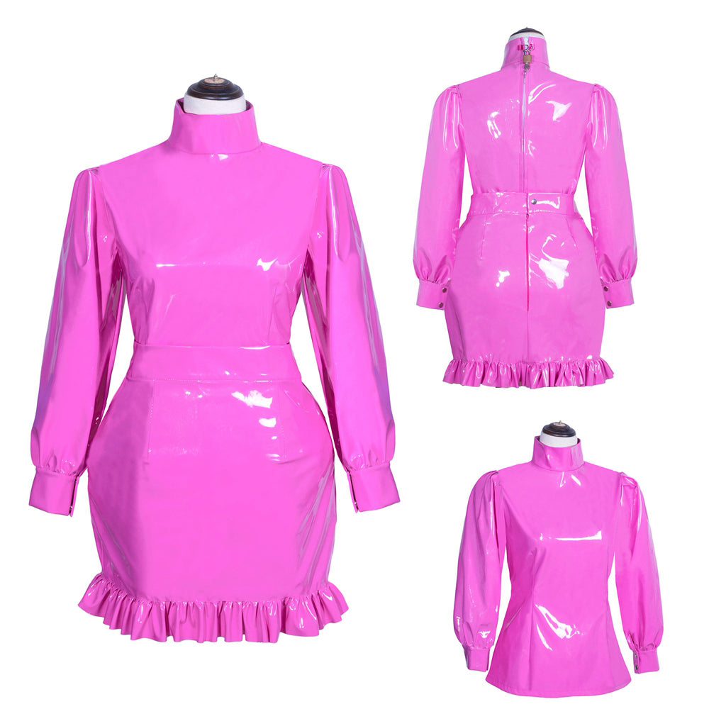 Ensemble jupe et blouse fines en PVC rose vif G3927
