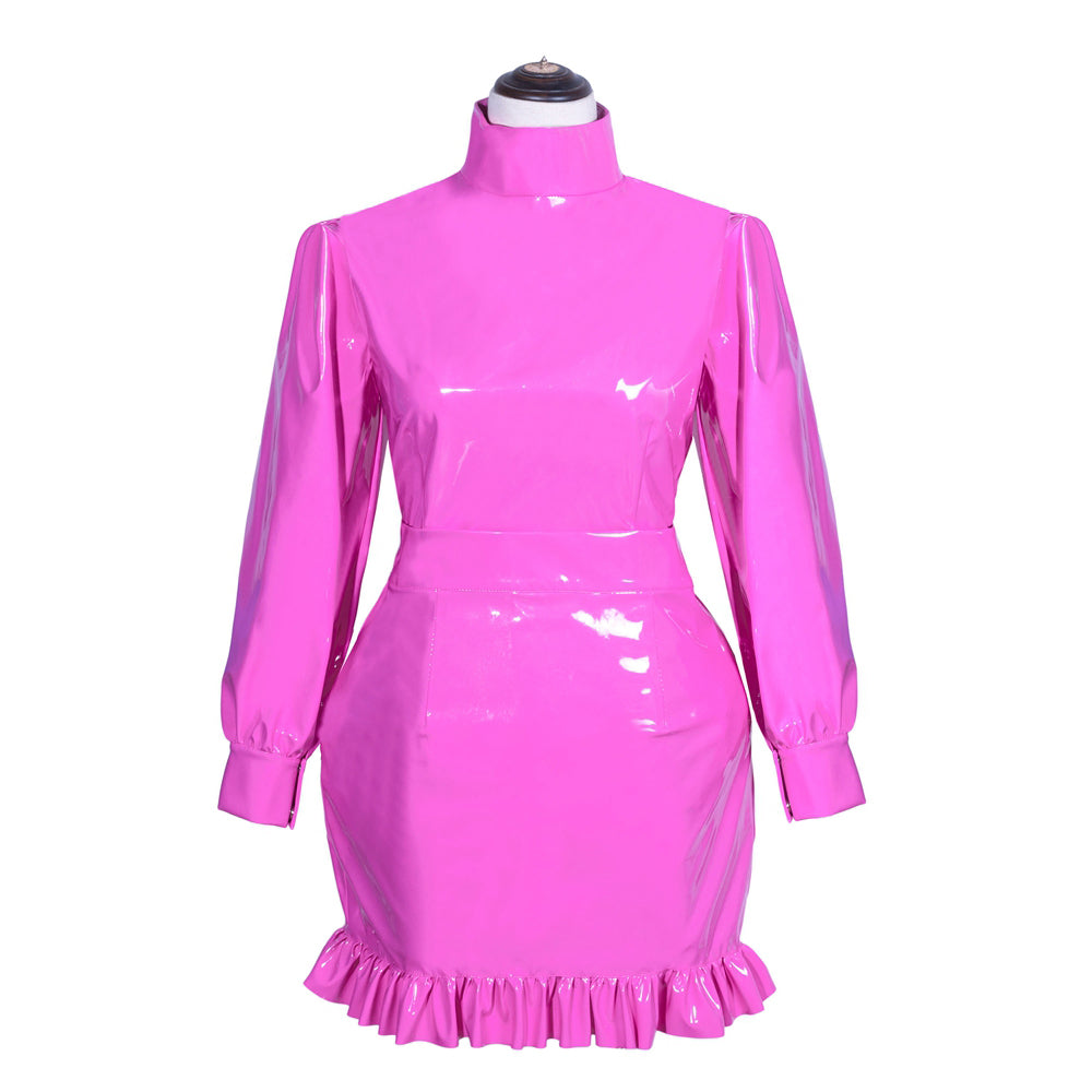 Ensemble jupe et blouse fines en PVC rose vif G3927