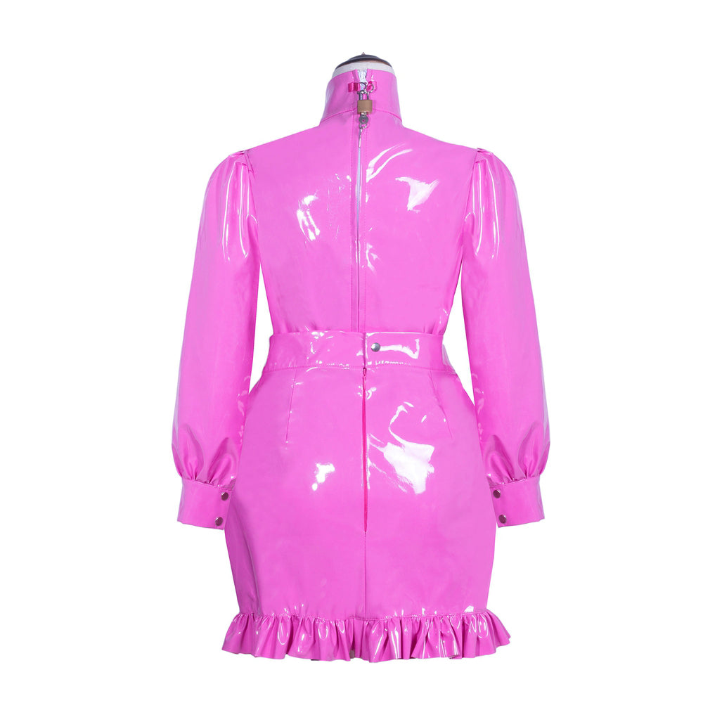 Ensemble jupe et blouse fines en PVC rose vif G3927