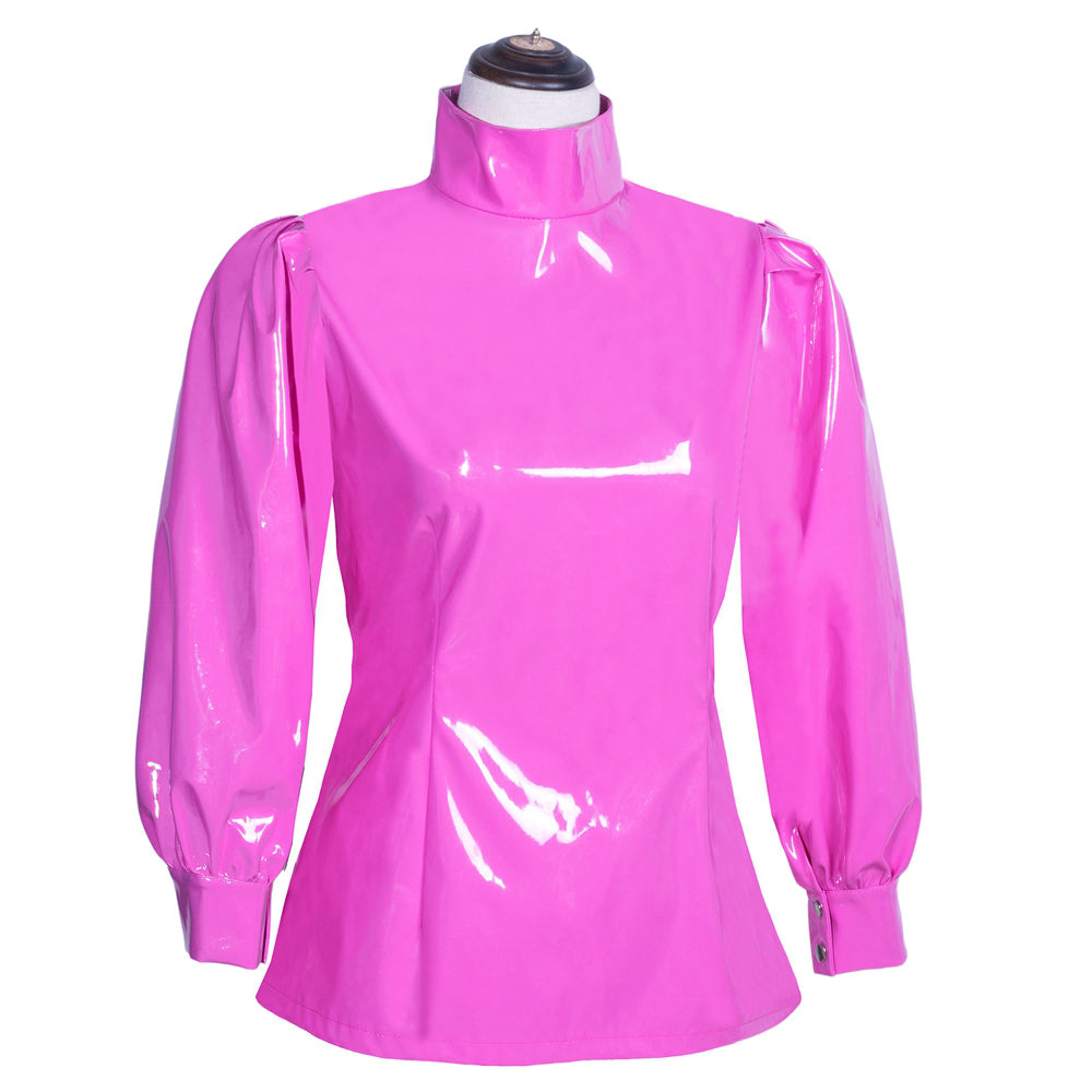 Ensemble jupe et blouse fines en PVC rose vif G3927