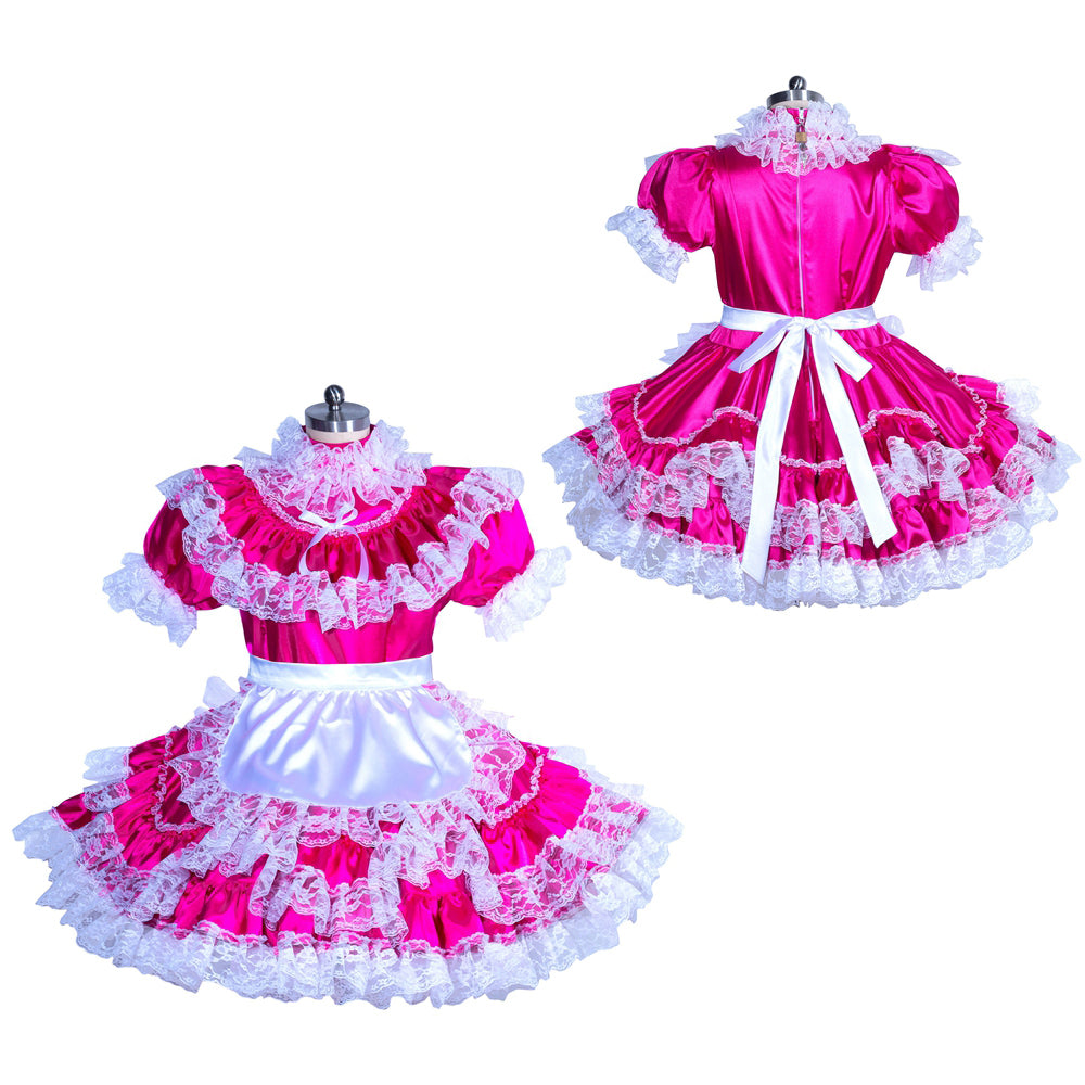 Pink sissy maid dress with white lace, ruffles, and satin bow, shown front and back on mannequin