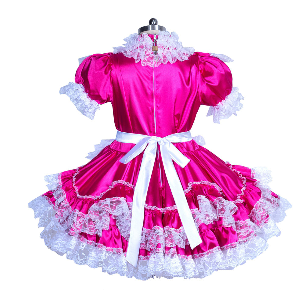 Pink sissy maid dress with white lace trim and bow, featuring satin fabric and ruffled layers for elegant costume fashion.