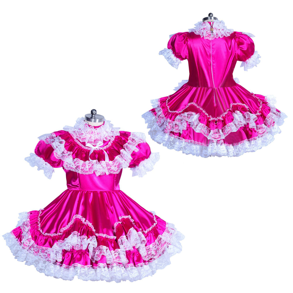 Pink sissy maid dress with white lace trim, satin fabric, and ruffled skirt on mannequin