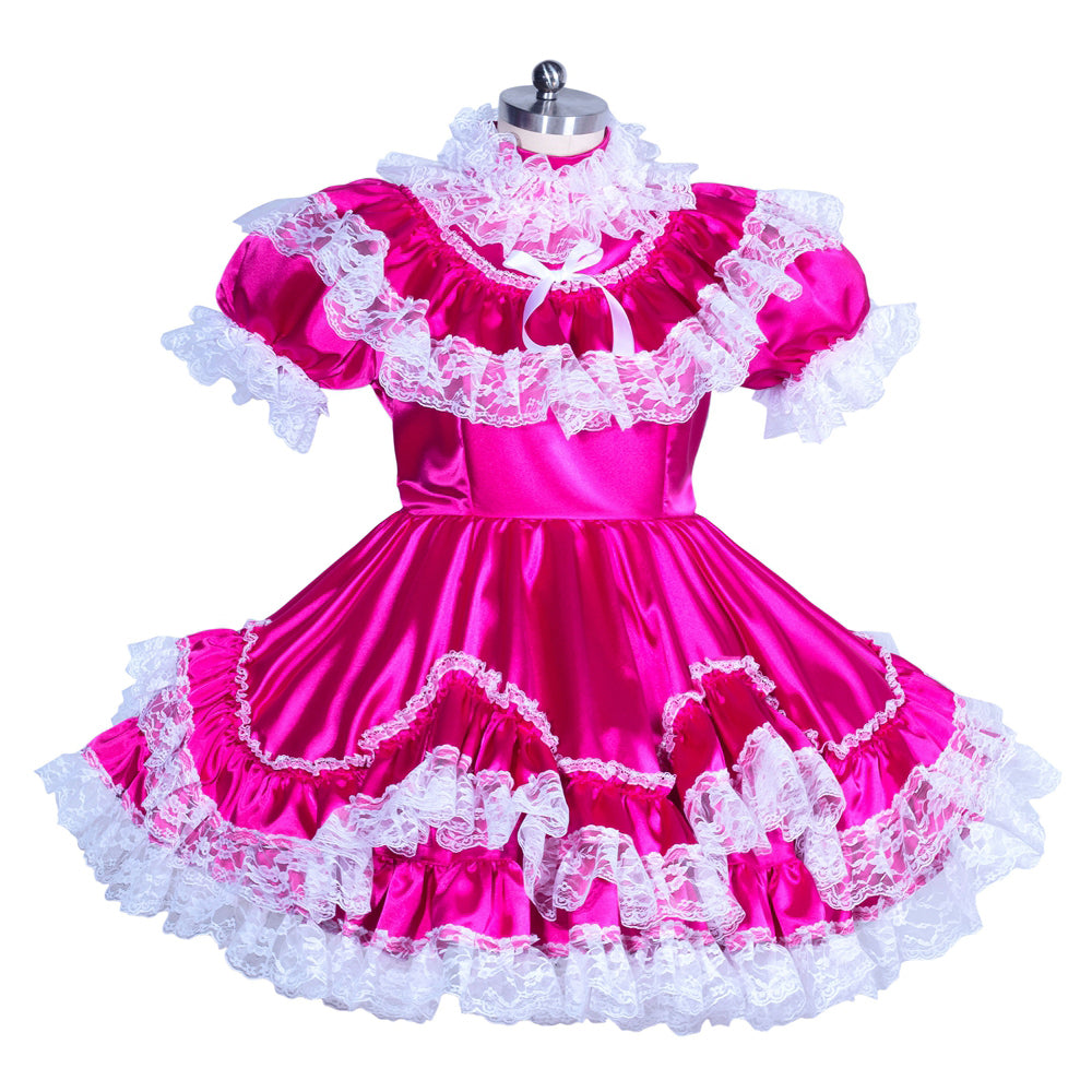 Pink sissy maid dress with white lace ruffles and satin finish, displayed on mannequin