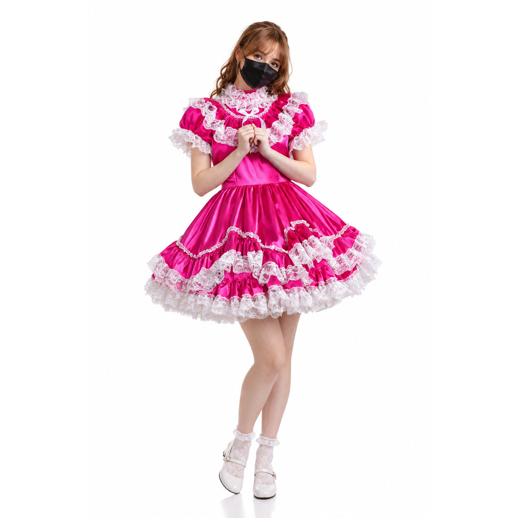 Pink sissy maid dress with white lace ruffles, satin finish, and matching accessories for costume fashion