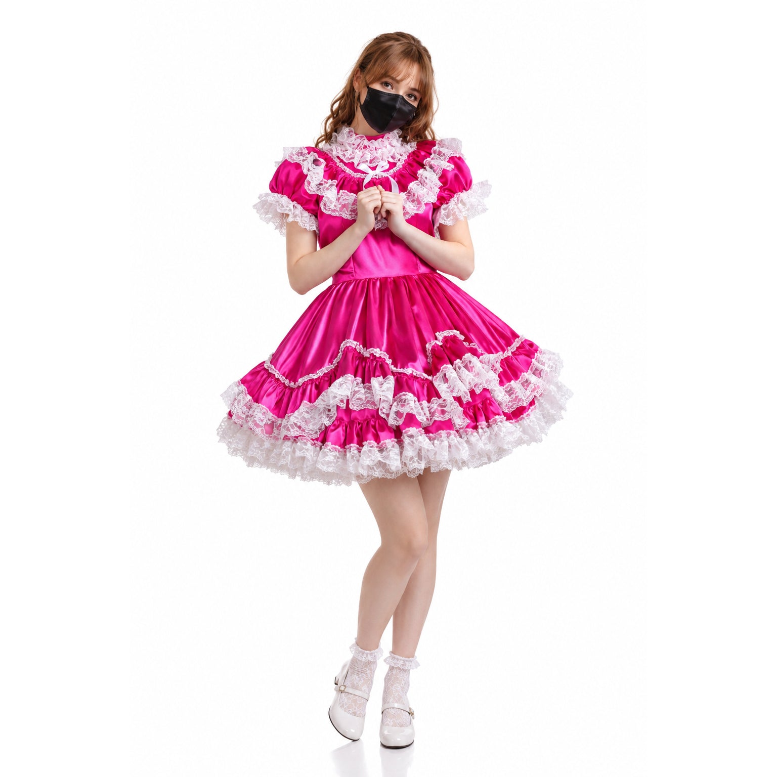 Pink sissy maid dress with white lace ruffles, satin finish, and matching accessories for costume fashion