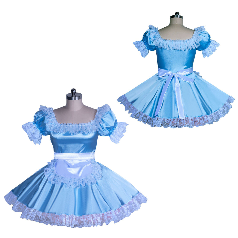 Blue sissy maid dress with lace trim and satin bow, displayed on mannequins
