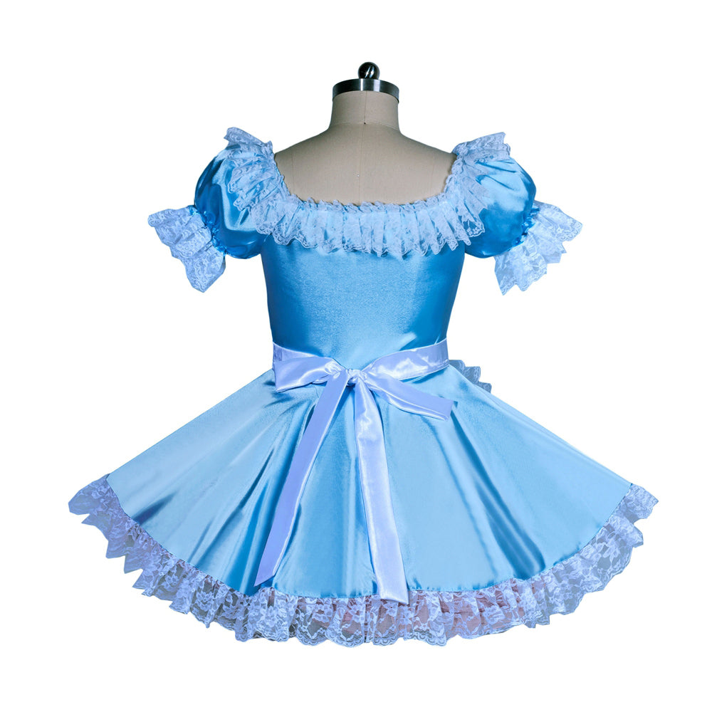 Light blue sissy maid dress with lace trim, puff sleeves, and satin bow on mannequin
