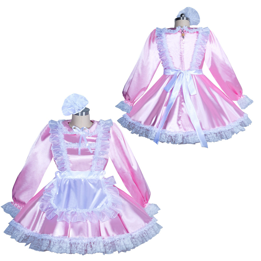 Pink sissy maid dress set with white lace trim and apron, featuring long sleeves and matching bonnet