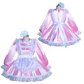 Pink sissy maid dress set with white lace trim and apron, featuring long sleeves and matching bonnet