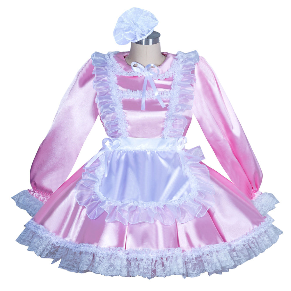 Pink sissy maid dress with white lace, ruffles, and matching bonnet, featuring satin fabric and elegant detailing.