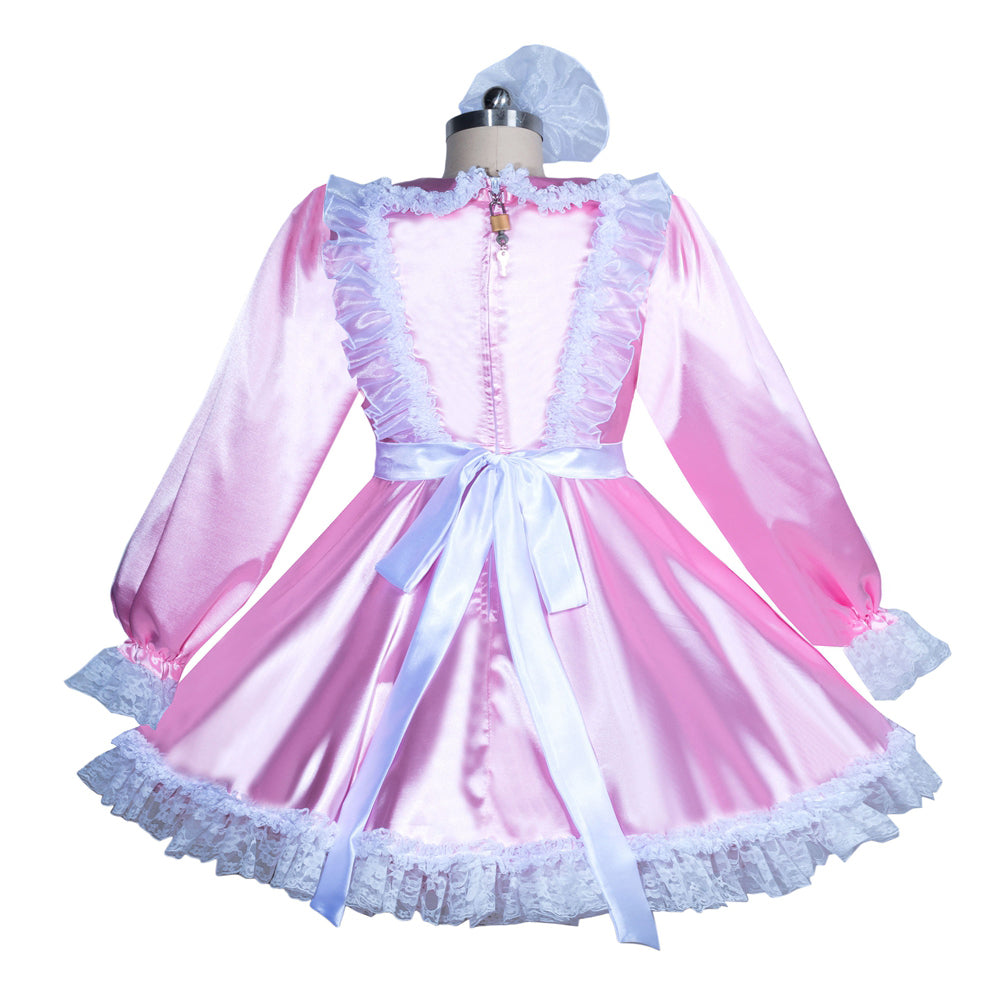 Pink sissy maid dress with white lace trim, satin bow, and matching bonnet