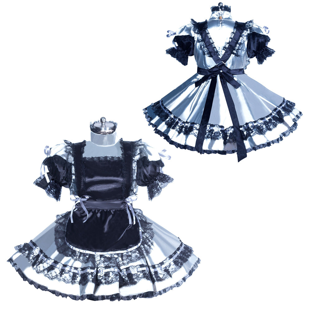 Sissy maid dress set with lace trim, satin bow, and frilly skirt in black and white