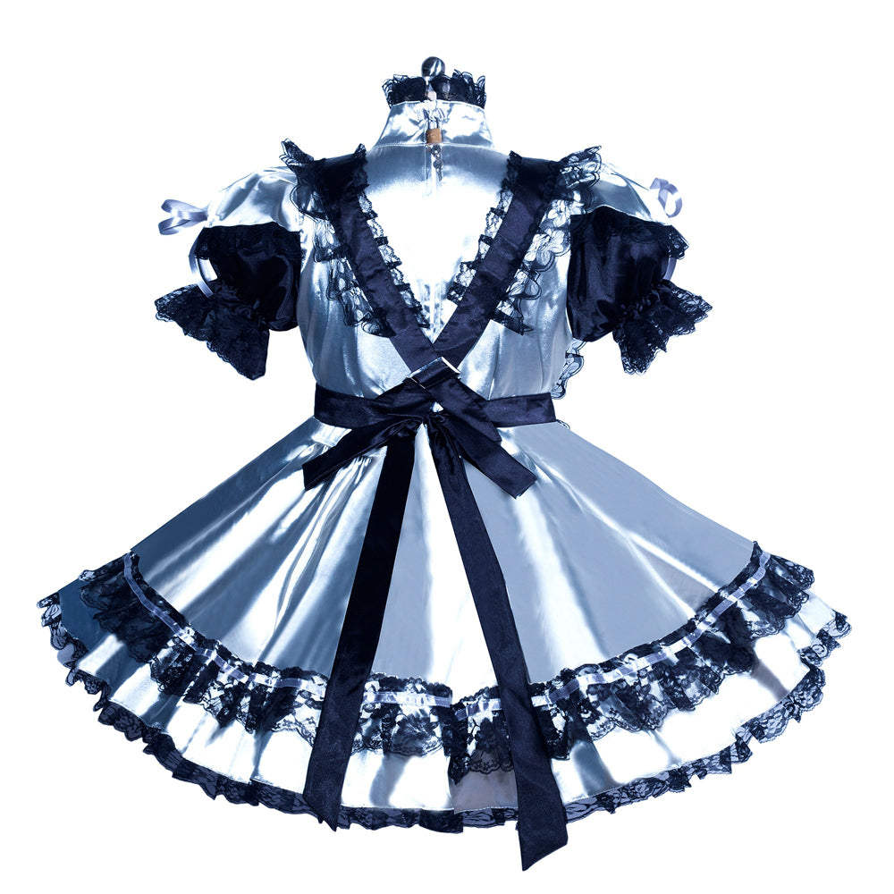 Elegant sissy maid dress with silver satin, black lace trim, and bow waist, perfect for costume fashion.