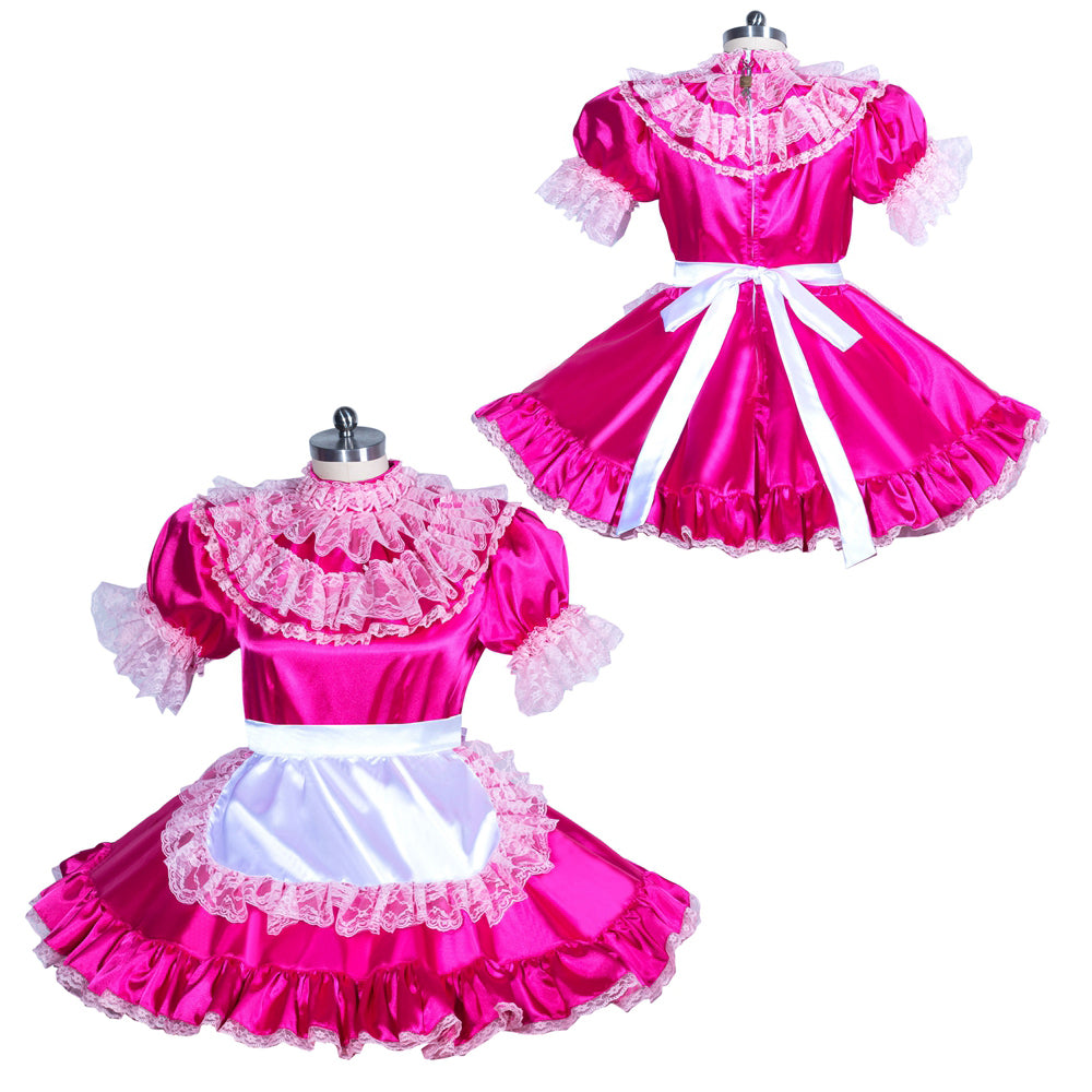 Pink sissy maid dress with lace ruffles, white apron, and satin bow, displayed on mannequin