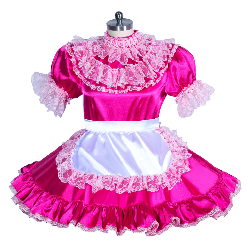 Pink sissy maid dress with lace ruffles, white apron, and satin finish for costume fashion